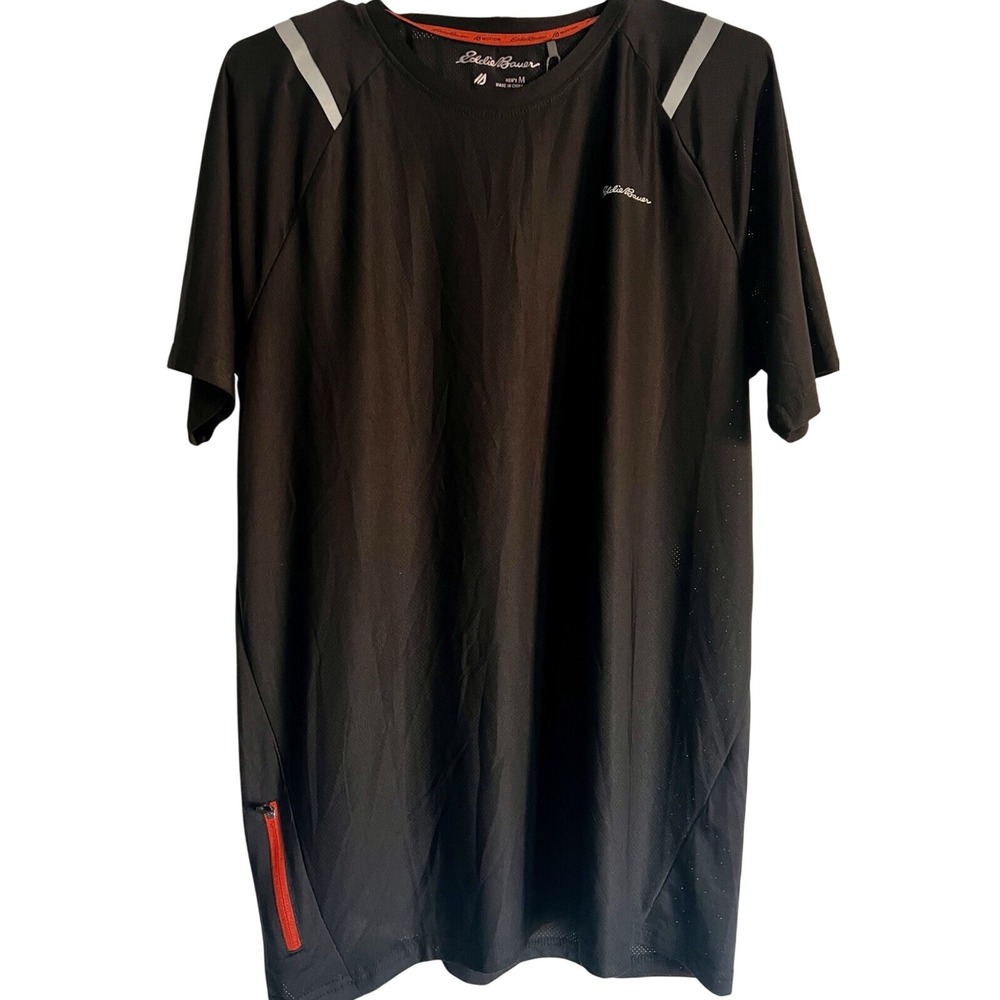 Eddie Bauer Motion Mens‎ Black Active T-Shirt Medium Reflective Zip Pocket Mesh